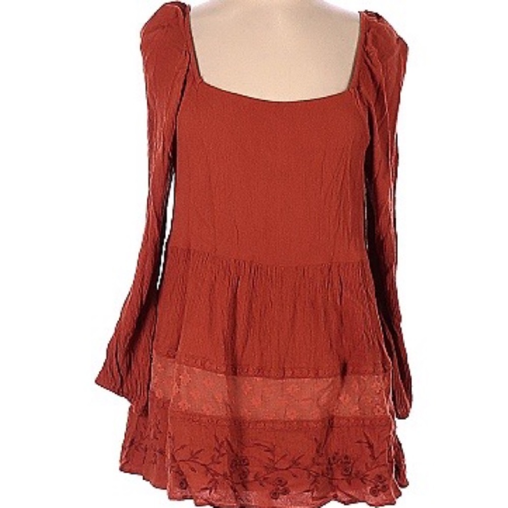 Burnt Orange American Eagle Puff Sleeve 3/4 Blouse Flowy Lace Boho Medium